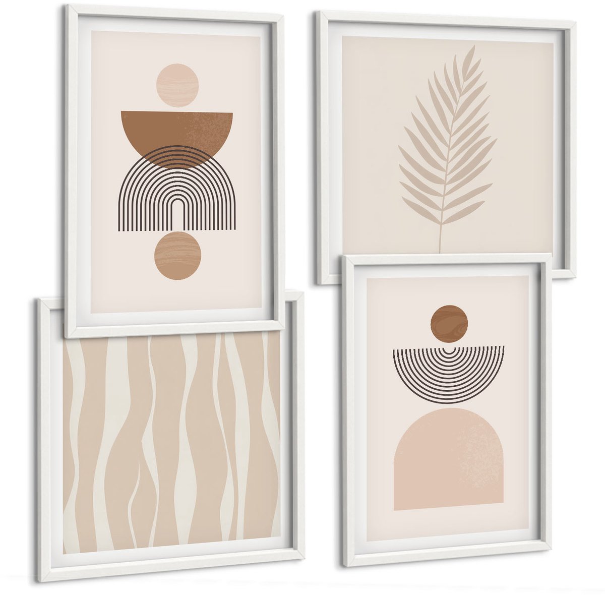 Wallfluent 4-Delige Schilderij Set - Abstracte Vormen In Bruine En Beige Tinten - 40 x 40 En 40 x 60 - Decoratieve Schilderijen - Wanddecoratie - Hal - Woonkamer Decoratie