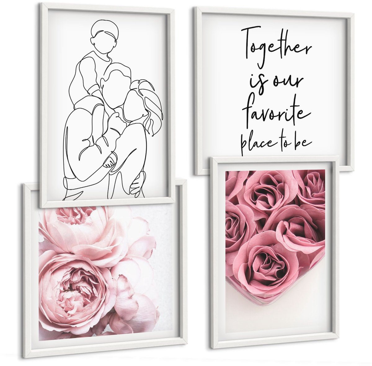Wallfluent 4-Delige Schilderij Set - Familie Line-Art Rozenboeketten Inscriptie Thuis - 40 x 40 En 40 x 60 - Wanddecoratie - Woonkamer Decoratie - Moderne Wanddecoratie