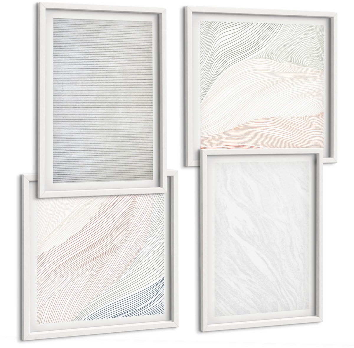 Wallfluent 4-Delige Schilderij Set - Heldere Structuren, Snaarpatronen Op Zand - 40 x 40 En 40 x 60 - Moderne Wanddecoratie - Slaapkamer - Interieur Decoratie