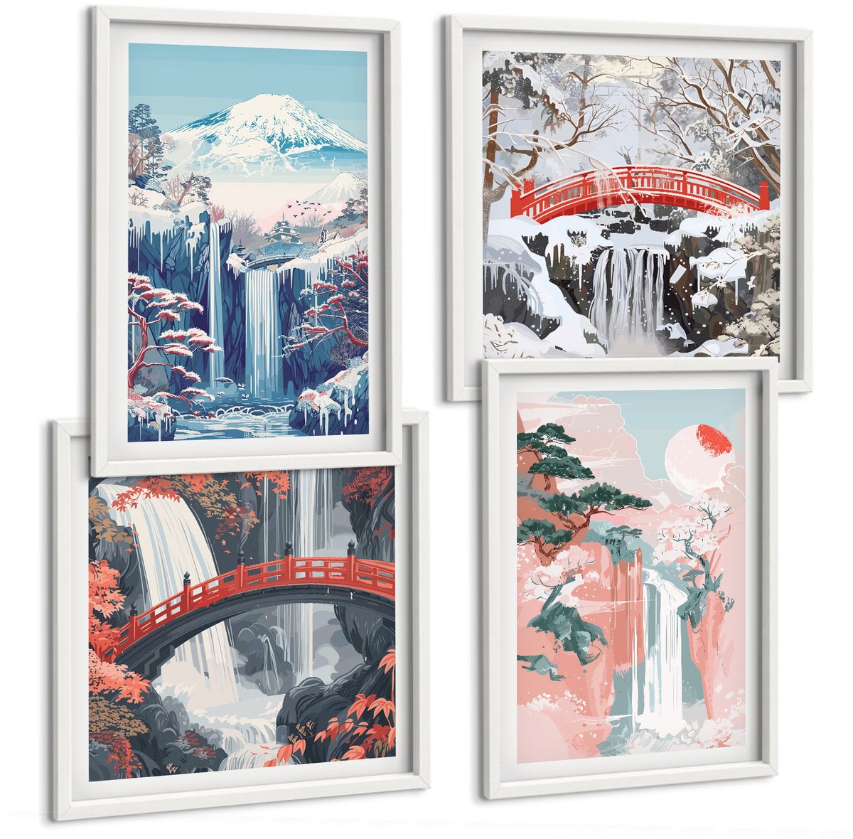 Wallfluent 4-Delige Schilderij Set - Watervallen, Bergen Met Een Brug En Bloeiende Bomen - 40 x 40 En 40 x 60 - Muurdecoratie - Decoratieve Schilderijen - Wohnzimmer - Woonkamer Decoratie