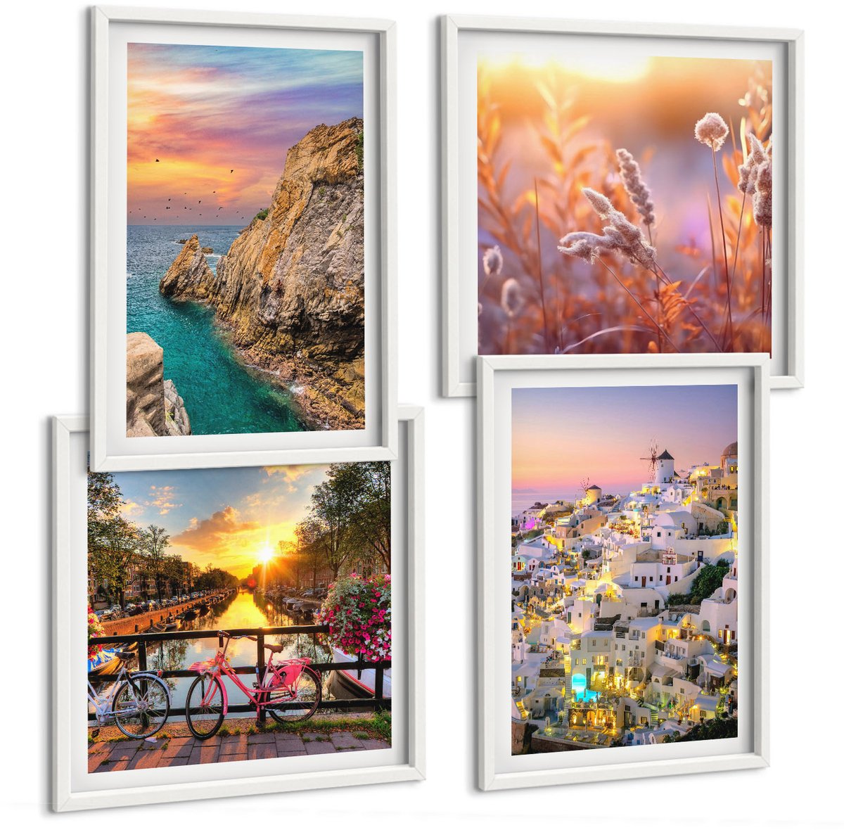 Wallfluent 4-Delige Schilderij Set - Uitzicht Op Zee Met Zonsondergang En De Stad - 40 x 40 En 40 x 60 - Wanddecoratie - Woonkamer Decoratie