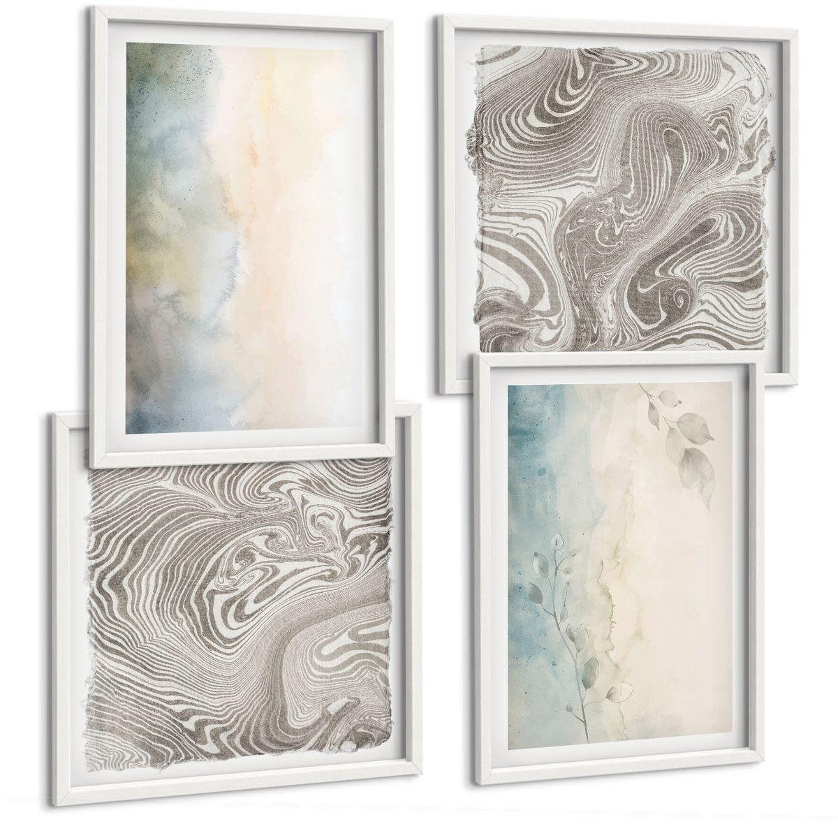 Wallfluent 4-Delige Schilderij Set - Fijne Aquarelkartonnen - 40 x 40 En 40 x 60 - Muurdecoratie - Decoratieve Schilderijen - Wohnzimmer - Stijlvolle Muurdecoratie