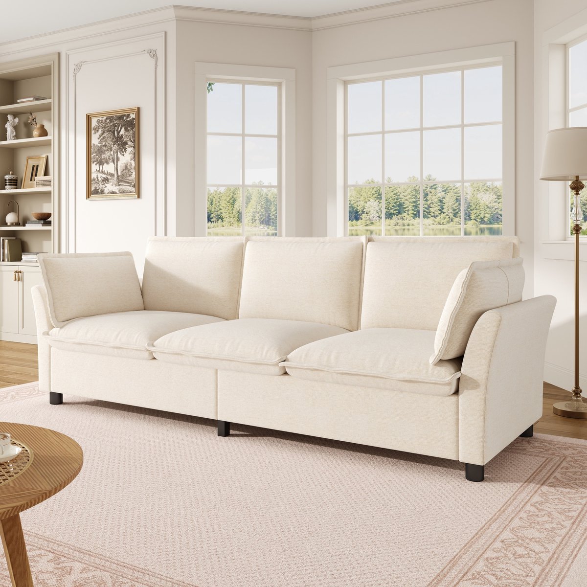 3-Zitsbank, XXXL 3-Zitsbank Met Chenille Stof, Cloud Soft Comfort, Metalen Frame, Zachte Kussens, Met 2 Armleuningkussens, Moderne Bank Voor Woonkamer, Slaapkamer En Appartementen, Beige