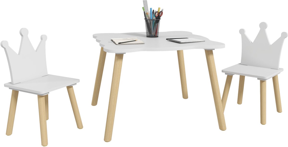 Kindertafel en 2 stoelen set met kroonvormige rugleuning om te lezen en te tekenen, 60x60x44 cm, wit en hout