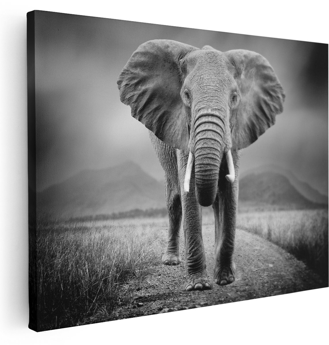 Artaza Canvas Schilderij Olifant - Zwart Wit - 160x120 cm - Groot - Wanddecoratie Woonkamer - Schilderijen - Muurdecoratie