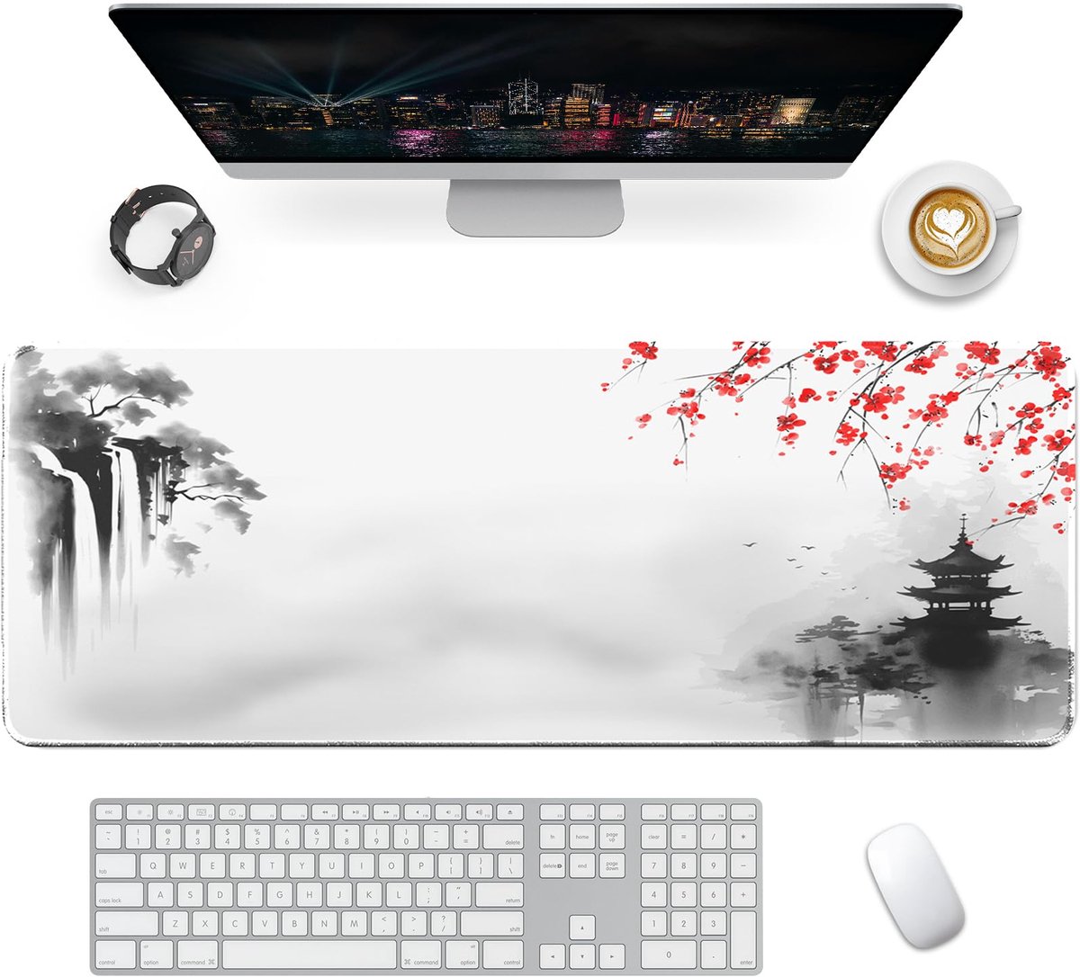 Gaming Muismat XXL - Bureauonderlegger met Antislip Rubberen Basis - Voor Toetsenbord, PC, Laptop - Zen-Kaskade 800x300mm