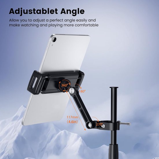 Zilveren tablet met verstelbare metalen arm bevestigd aan een zwarte paal, met vermelding van 360° rotatie en 117mm armlengte.