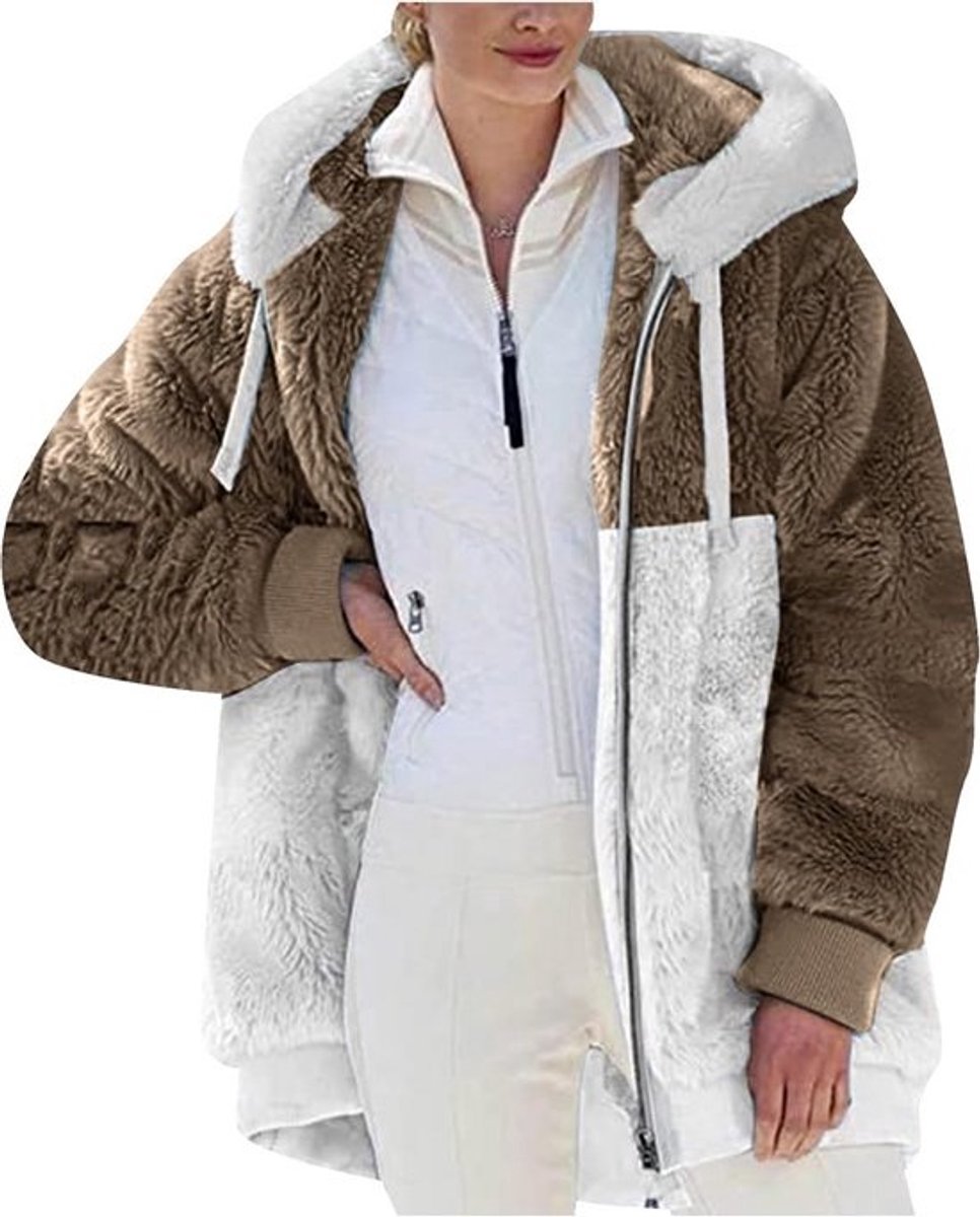 Dames Casual Fuzzy Fluffy Hoodie - Warme Effen Kleur Zip Jas met Zakken
