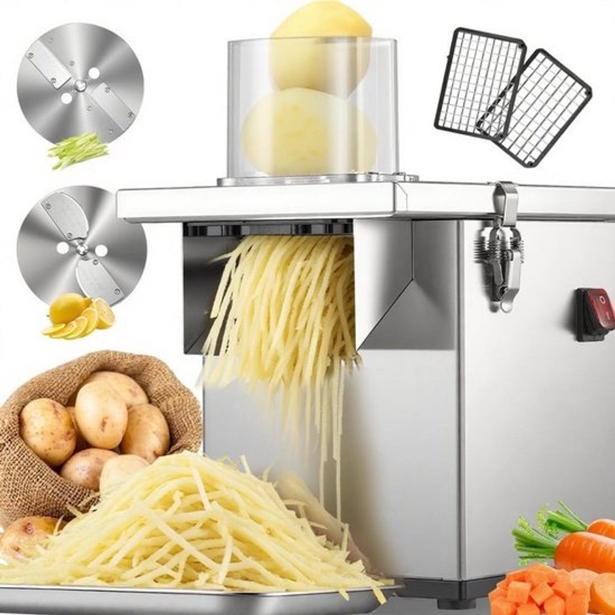 Elektrische groentesnijmachine 3-in-1, 200 W, roestvrijstaal voor dobbelstenen, raspen en snijden, 300 kg/uur, commercieel en privégebruik