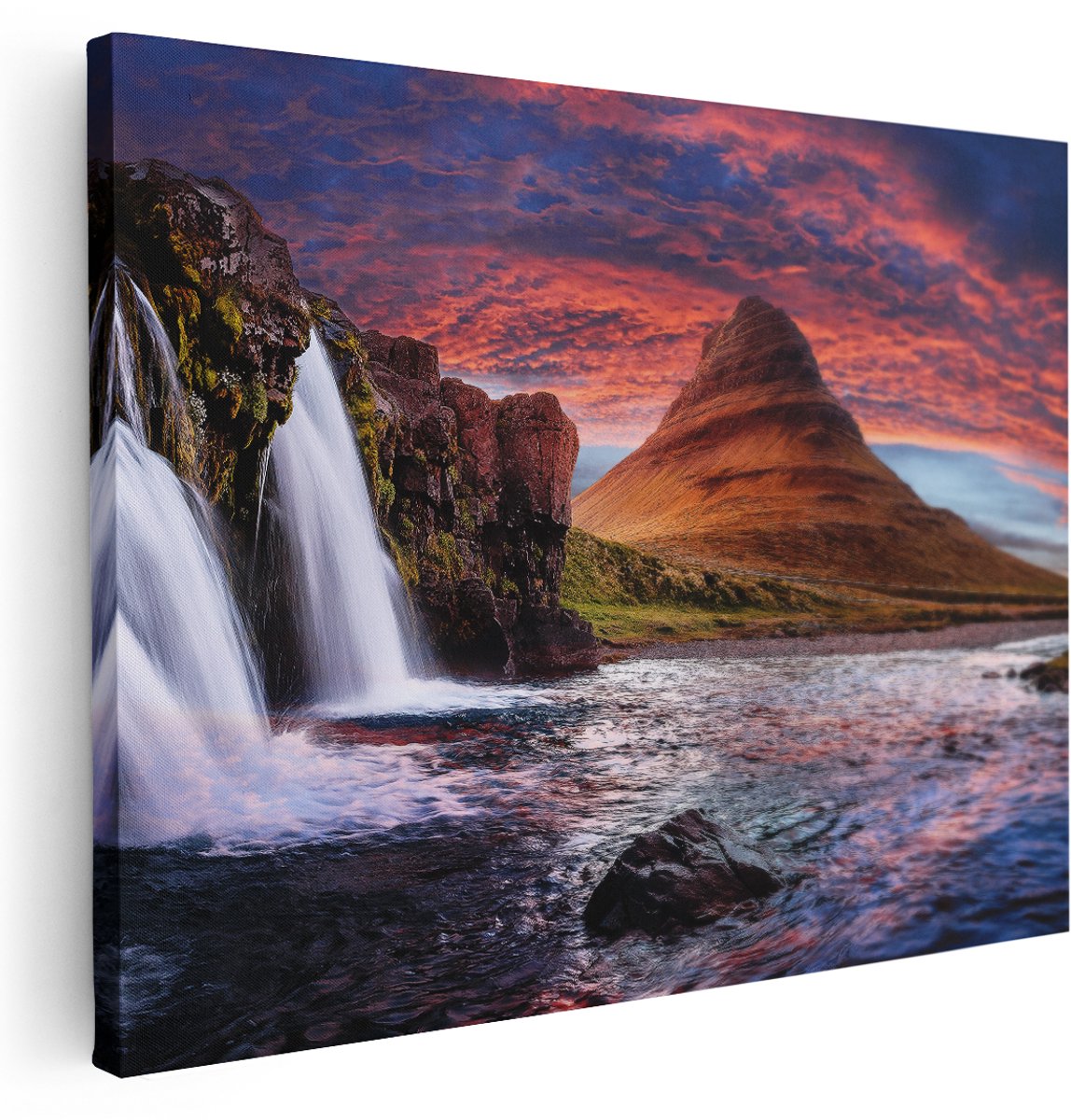 Artaza Canvas Schilderij Waterval Bij Een berg - 160x120 cm - Groot - Wanddecoratie Woonkamer - Schilderijen - Muurdecoratie