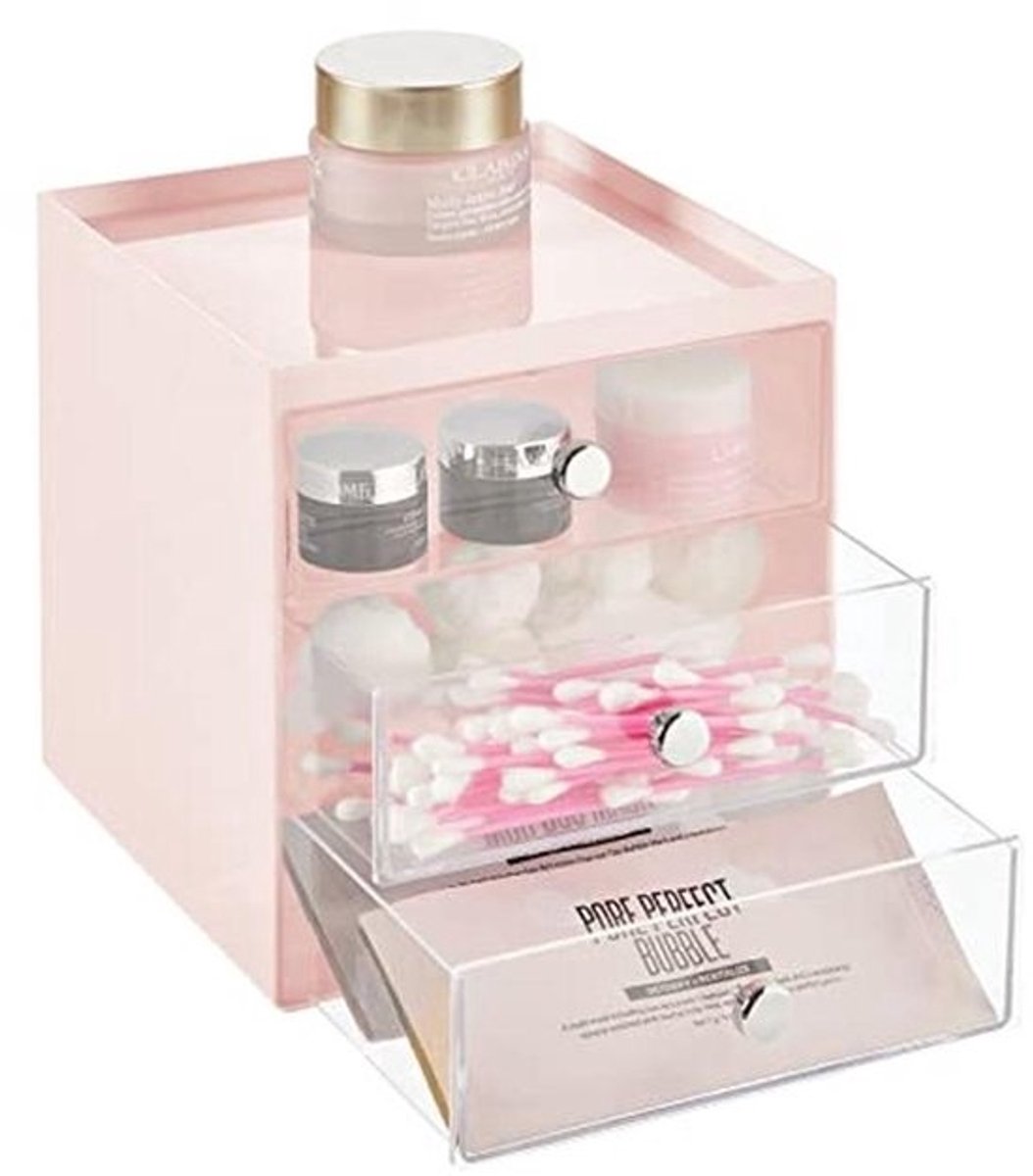Makeup Organizer met 3 Laden - Cosmetica Organizer voor Palettes en Borstels - Lichtroze/Transparant - Perfect voor Slaapkamer en Badkamer