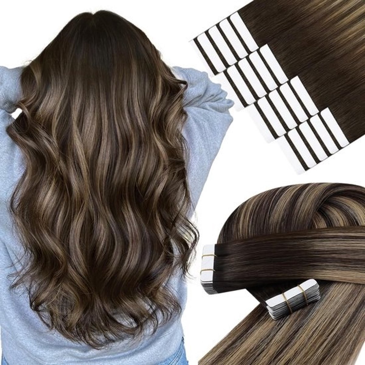 Tape-in Haarextensies Echt Haar Ombre Balayage Donkerbruin Blond 50 Gram