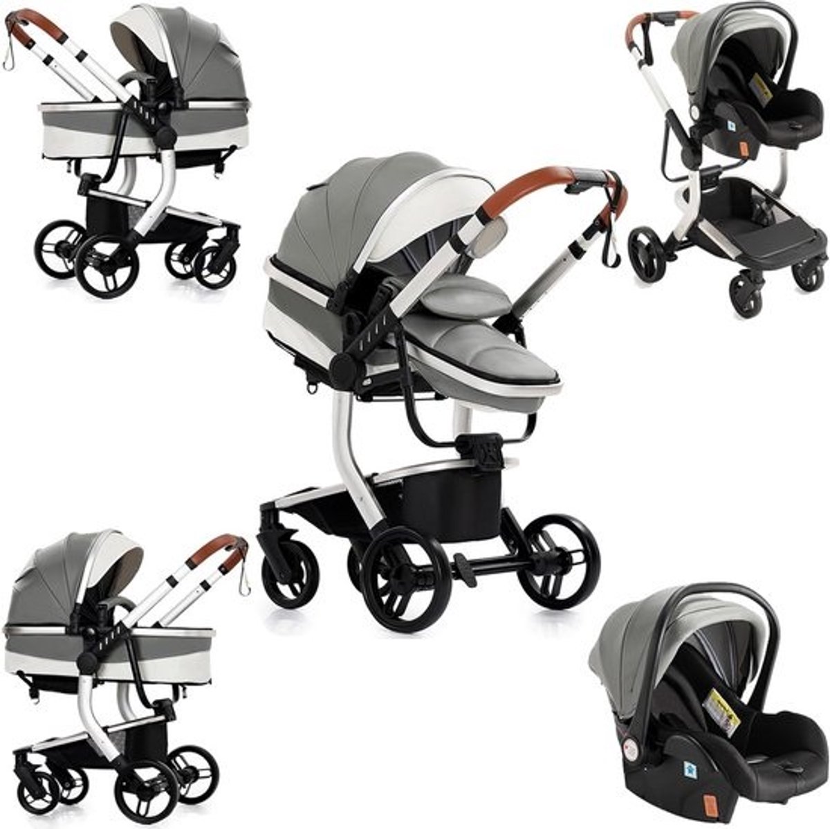 3-in-1 Kinderwagen voor Baby's met PU-leer, Verstelbare Duwstang en Multifunctionele Functies