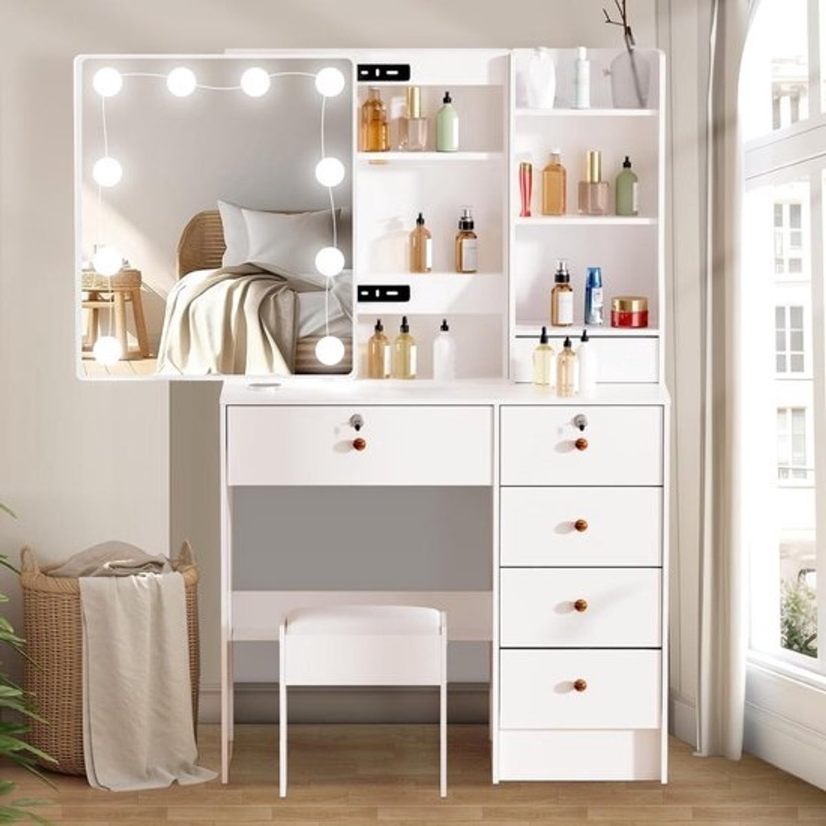 Vergroottafel met Hollywood Spiegel en Instelbare Verlichting, Kaptafel met Opbergruimte en Kruk