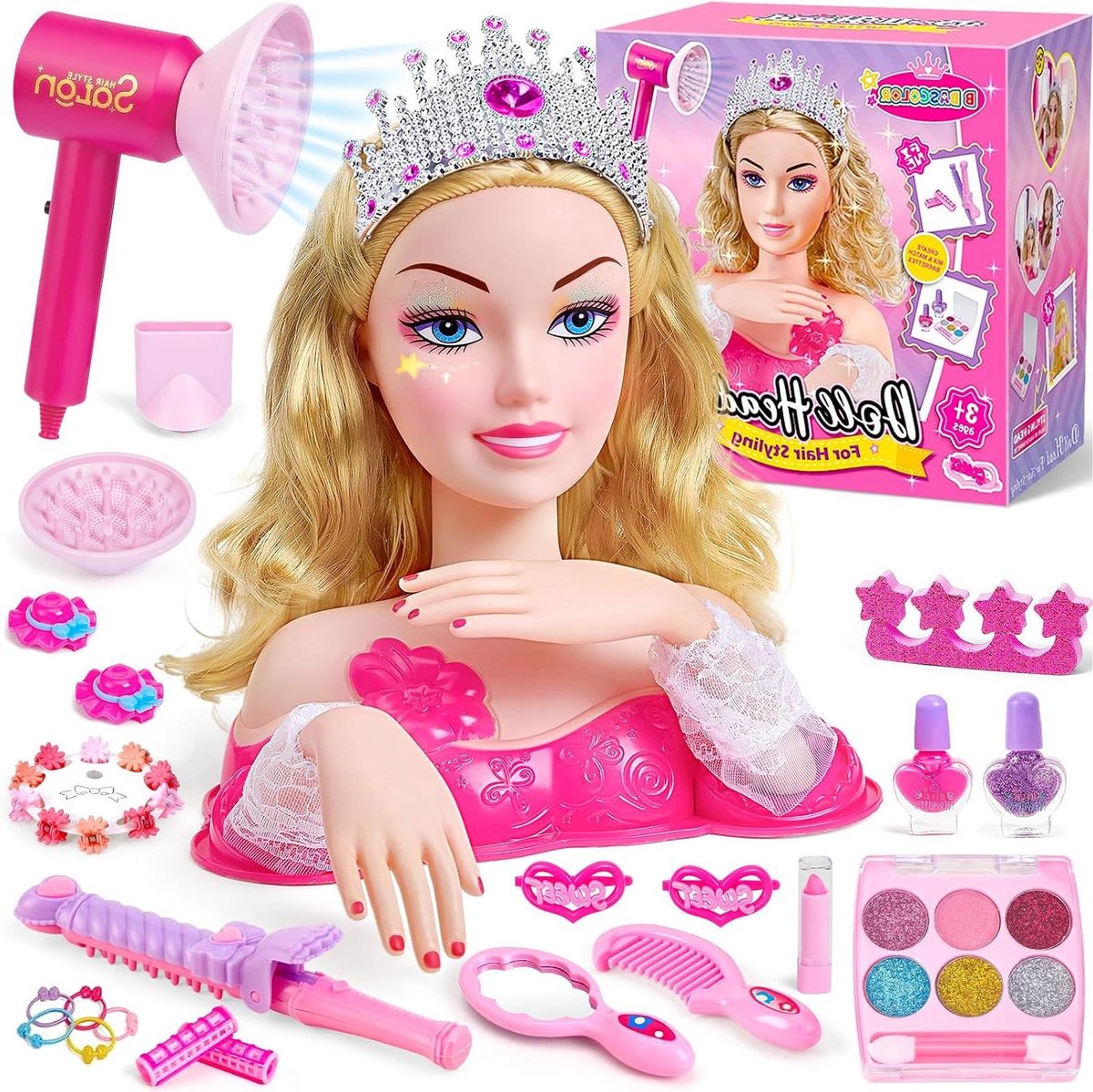 Kappershoofd voor kinderen - Speelset oefenen - Haar en make-up - Inclusief accessoires - 27 cm breed - Roze