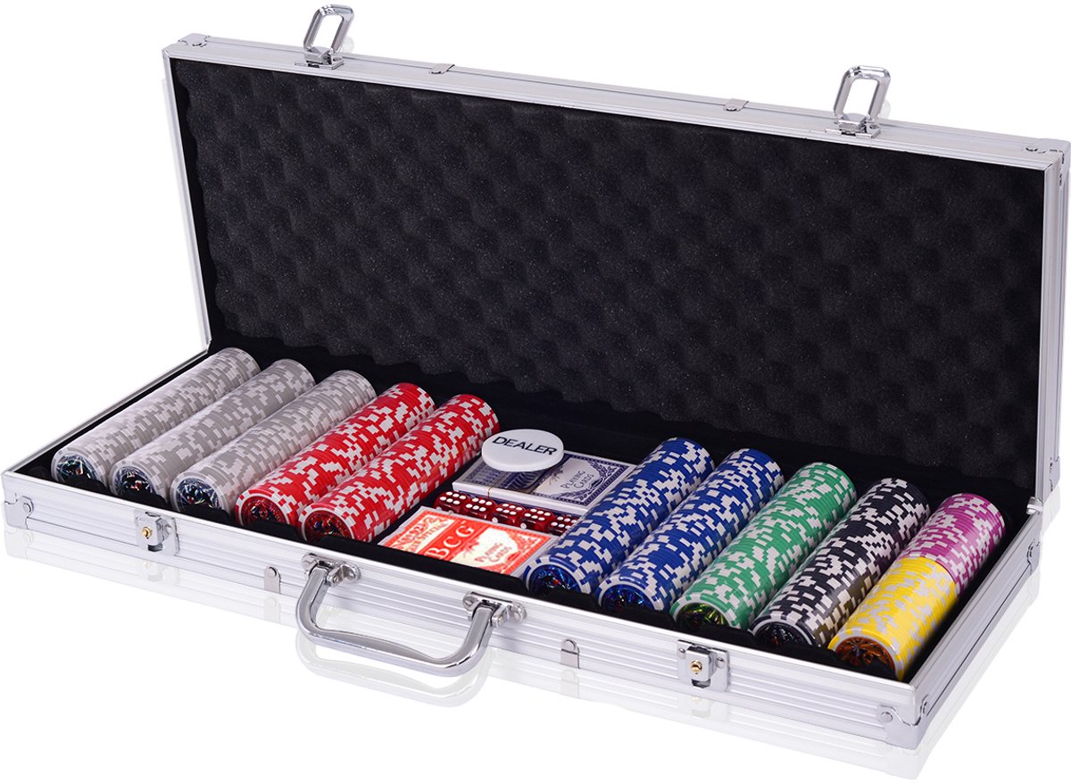 SureDeal® - Speelkamer - Stuks Casino Poker - Fiches - Speelkaarten - Dobbelstenen - Dealer Fiches - Tafelkleed Zilver - 56x20x6 cm - Zilver