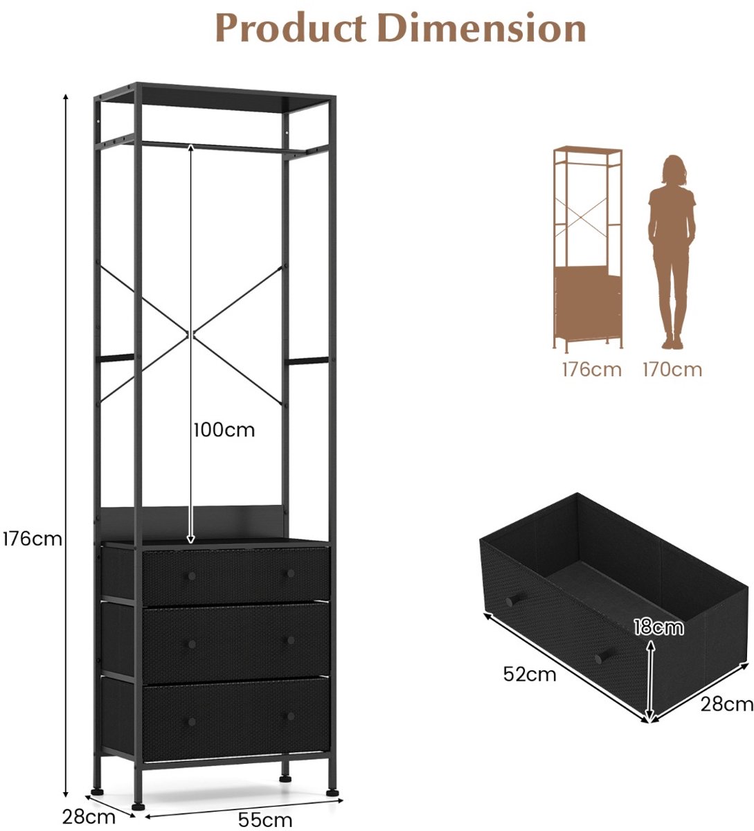SureDeal® - Kledingrek met 3 Lades & 3-Positie Hangstang - 55x28x176 cm - Metaal & MDF - Zwart - Kast Organizer met Planken