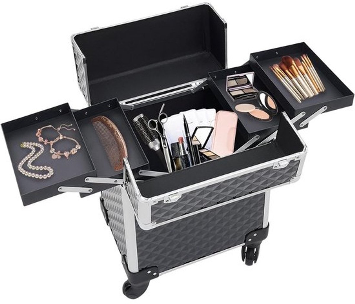 Professionele Make-upkoffer Trolley met Inklapbare Vakken en Slot - Beauty Opbergkoffer
