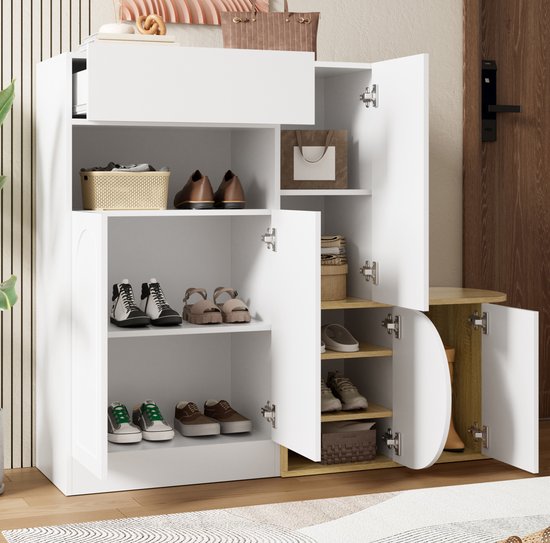 DESMIU Schoenenkast Met Zitbank En Opbergruimte - 1 Lade 5 Deuren En Open Vak - Voor Hal En Entree - MDF - Wit En Houtlook - 130x35x110,5 Cm — afbeelding 2