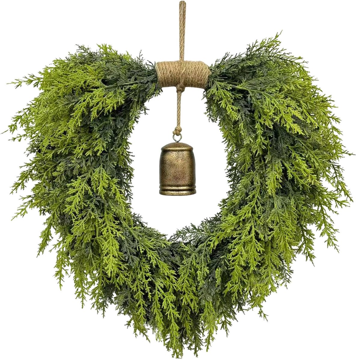 Hartvormige Kunstkrans Van 50 Cm - Groene Kunstkrans - Met Vintage Belletjes - Waterdicht En Kleurvast - Kerstdecoratie - Geschikt Voor Voordeuren, Veranda's, Feestelijke Muren Of Als Kerstdecoratie Binnenshuis