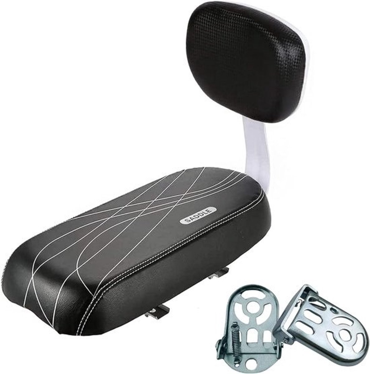 Bicycle Rear Seat with Padded Seat and Backrest and Folding Footrest for Toddlers, Children, Friends, Leather Upholstery, for Attachment to the Luggage Rack