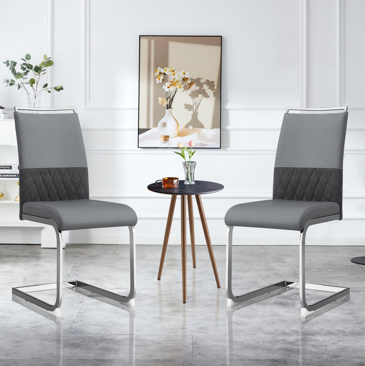 Wishdor Eetkamerstoelen set van 2 - Hoge rug en gewatteerde zitting - Ergonomisch en onderhoudsvriendelijk - Modern design - Eetkamer keuken kantoor - Grijs - 48 x 42 x 95 cm