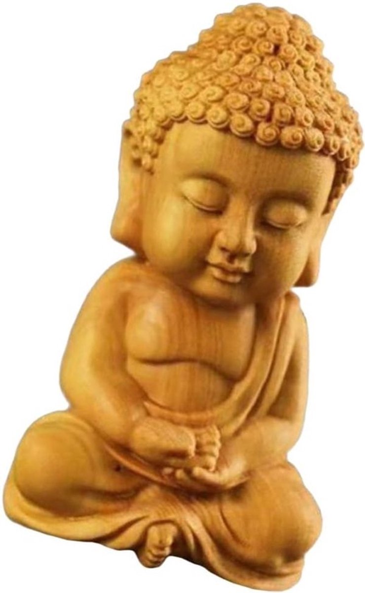 Houten Boeddha Beeldje - Meditatie Figuur - Huis Decoratie - Handgesneden Houtsnijwerk - 6.5 x 3.5 cm - Natuurlijk Hout