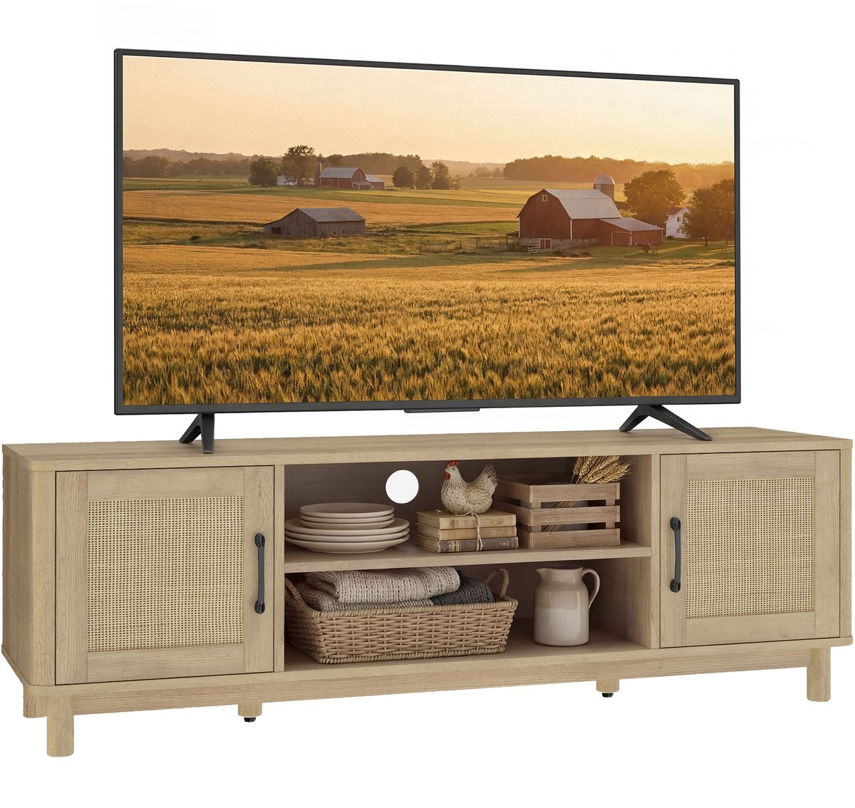 ECTEATOY® TTV-meubel 135 cm - TV-kast voor TV's tot 65 Inch - Met 2 Rotan Deuren en 2 Open Vakken - Eikenkleur