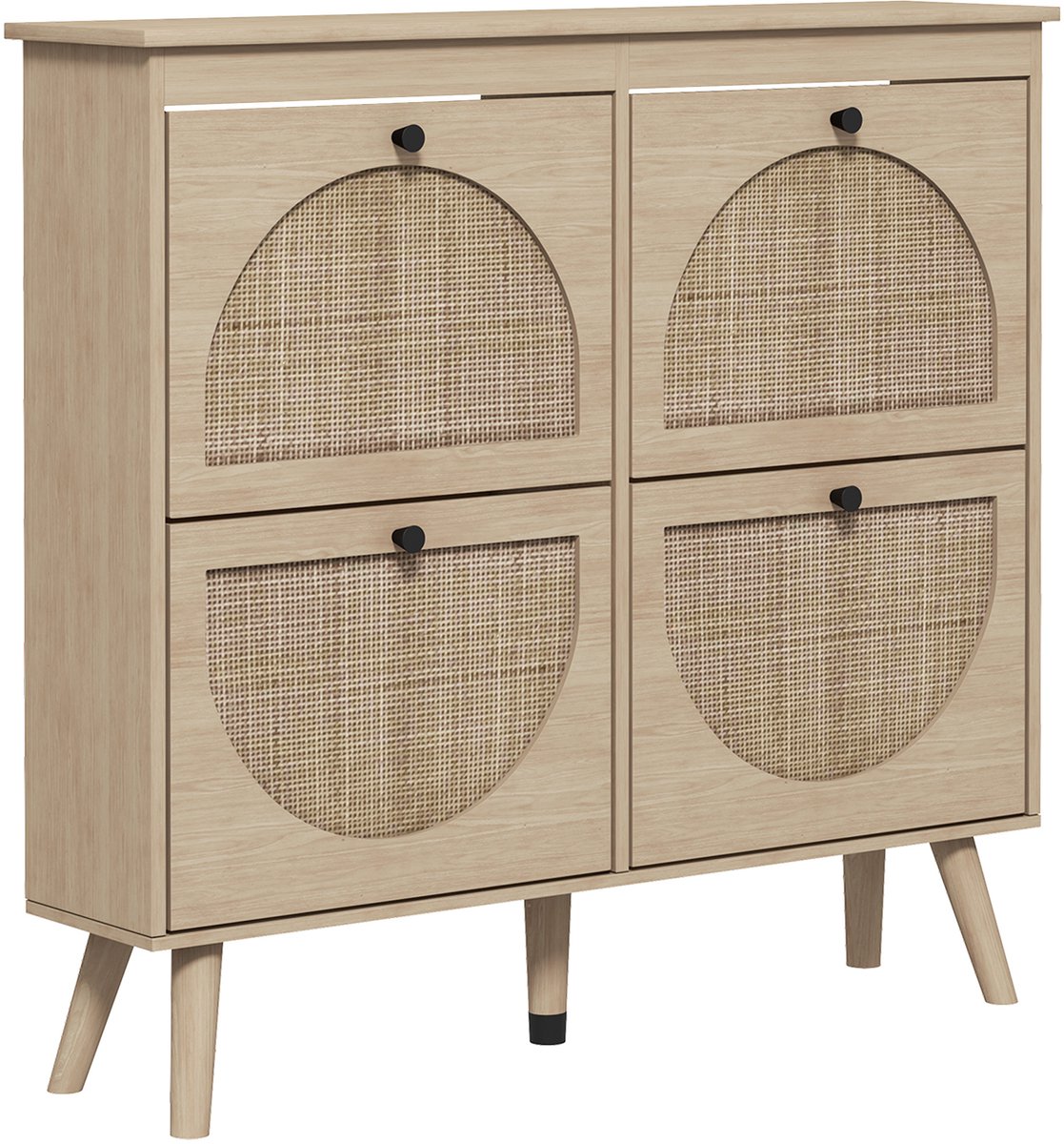 Schoenenkast, 4-deurs schoenenkast, capaciteit voor 20 paar schoenen, met verstelbare plank, Boheemse stijl, massief houten poten, 105 x 24 x 97,5 cm, natuurlijke houtkleur