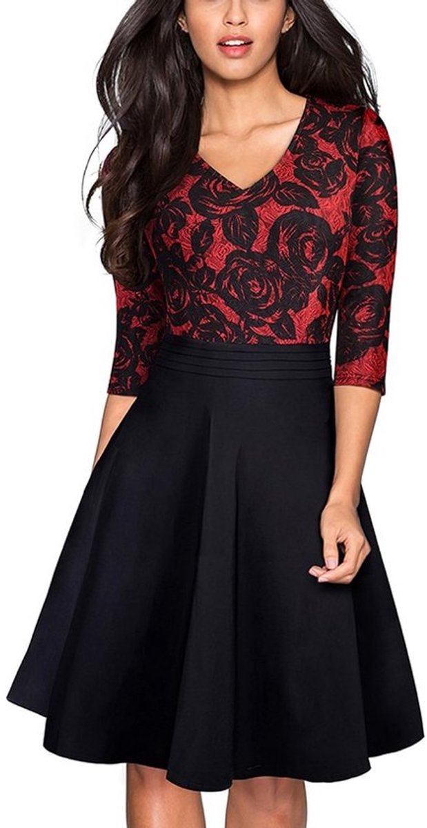 Elegante Vintage Cocktailjurk Dames met 3/4 Mouwen en Bloemig Kant