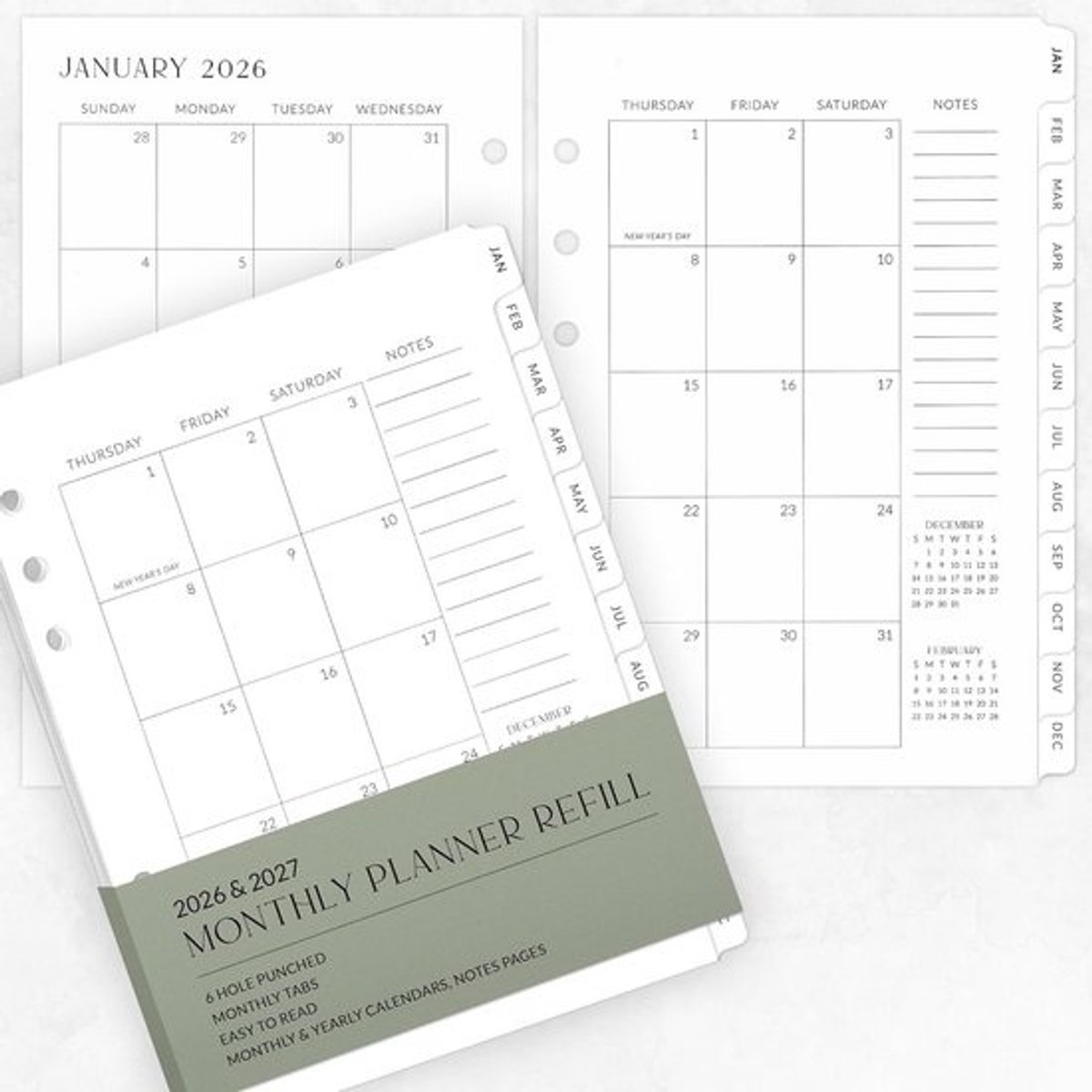Minimalistische A5 Maandplanner Navullingen 2025-2027 met Tabbladen - 6-Gats Geperforeerd