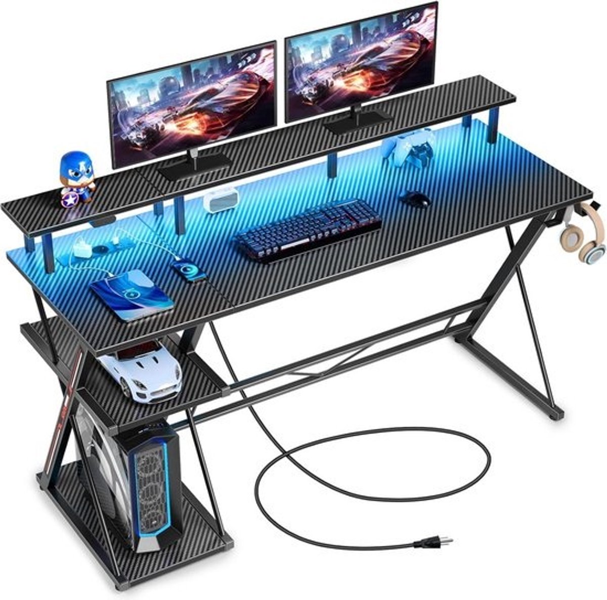 Gamingtafel met LED-verlichting en stopcontacten - 140 cm - met monitor- en CPU-houder, haken en voetensteun