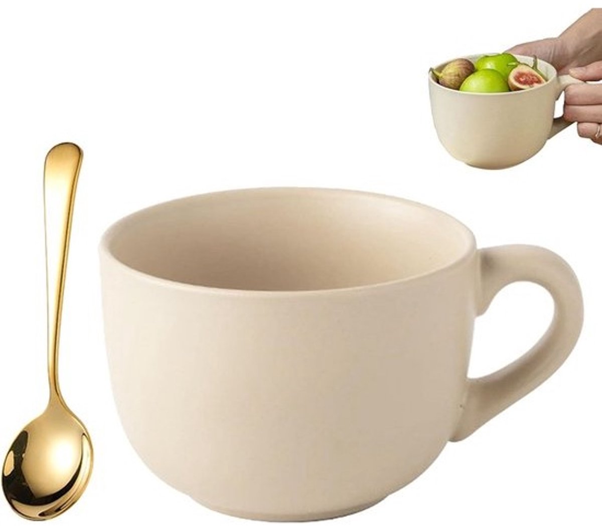 Extra Grote Keramische Kom met Hendel en Lepel (800ml) - Ideaal voor Soep, Ontbijtgranen of Koffie