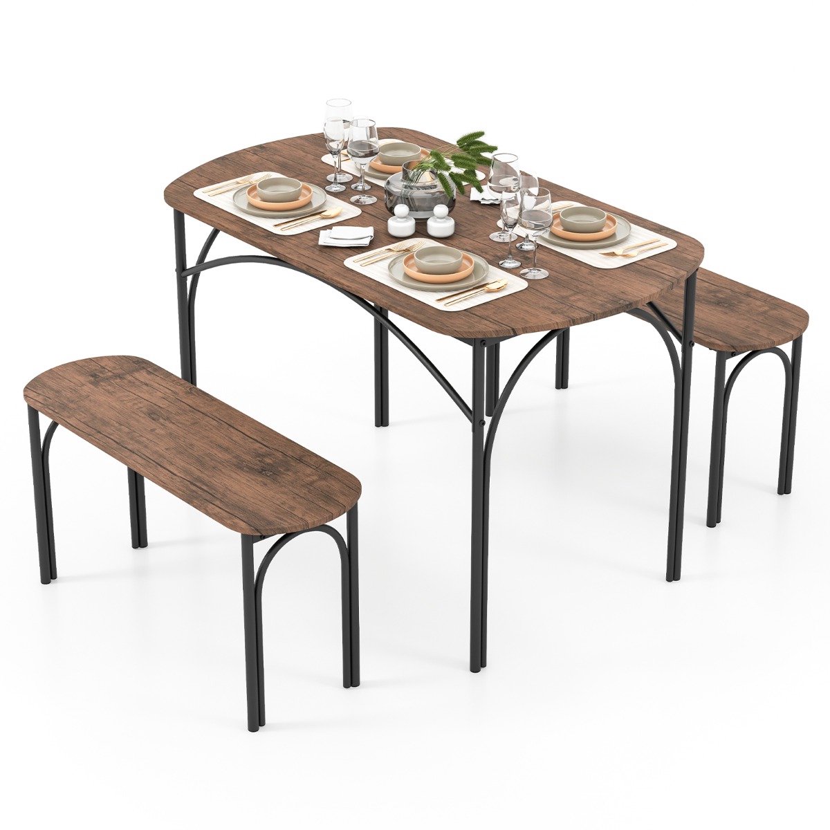 SureDeal® - Eettafelset - Stuks - Personen Rechthoekige Houten - Banken Afgeronde Hoeken - Eetkamer - 120x70x76 cm - Bruin
