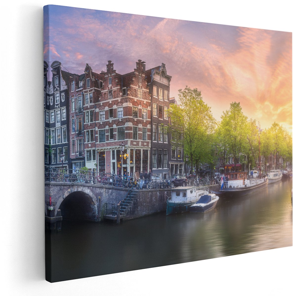 Artaza Canvas Schilderij Amsterdamse Grachten - 150x120 cm - Groot - Wanddecoratie Woonkamer - Schilderijen - Muurdecoratie