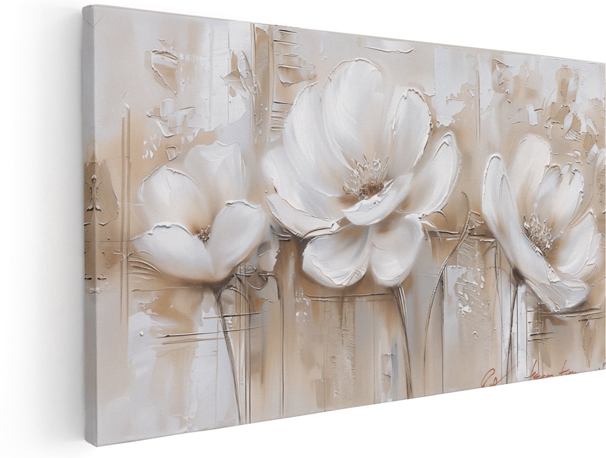 Artaza Canvas Schilderij Drie Witte Bloemen op een Beige Achtergrond - Bloemen - 160x80 cm - Groot - Klein - Wanddecoratie Woonkamer - Schilderijen - Muurdecoratie