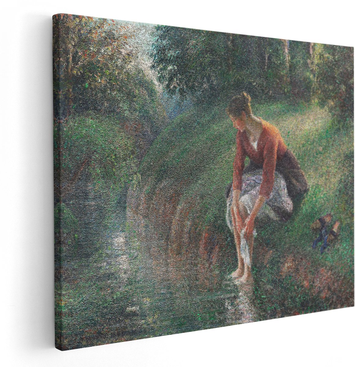Artaza Canvas Schilderij Vrouw Bij Beekje - 150x120 cm - Groot - Wanddecoratie Impressionisme - Muurdecoratie Natuur - Schilderijen Landschap Bos