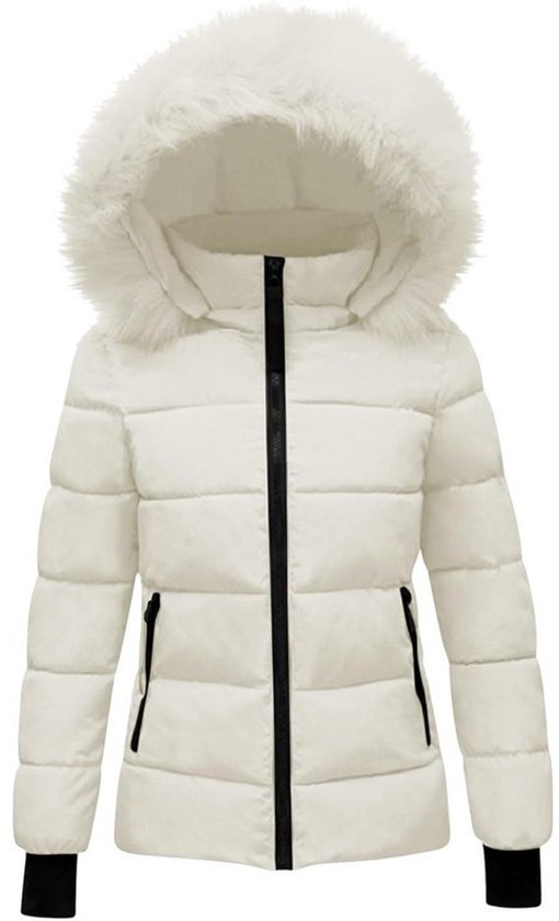 Crème meisjes winterjas met capuchon, zwarte rits en zwarte manchetten.