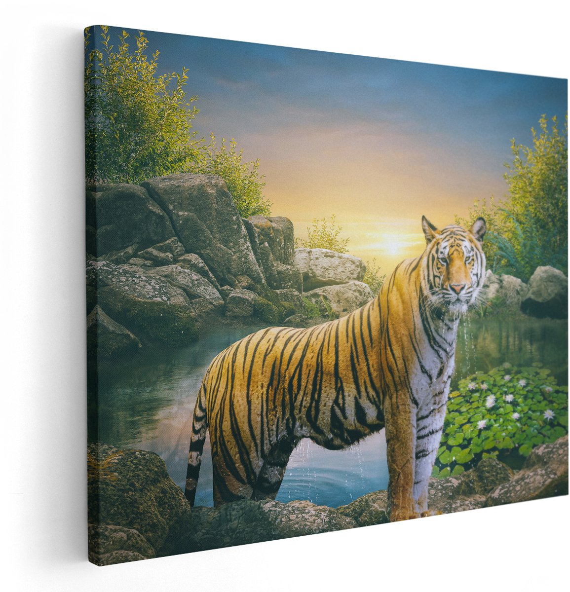 Artaza Canvas Schilderij Luipaard In Een Vijver Bij Zonsondergang - 150x120 cm - Groot - Wanddecoratie Woonkamer - Schilderijen - Muurdecoratie