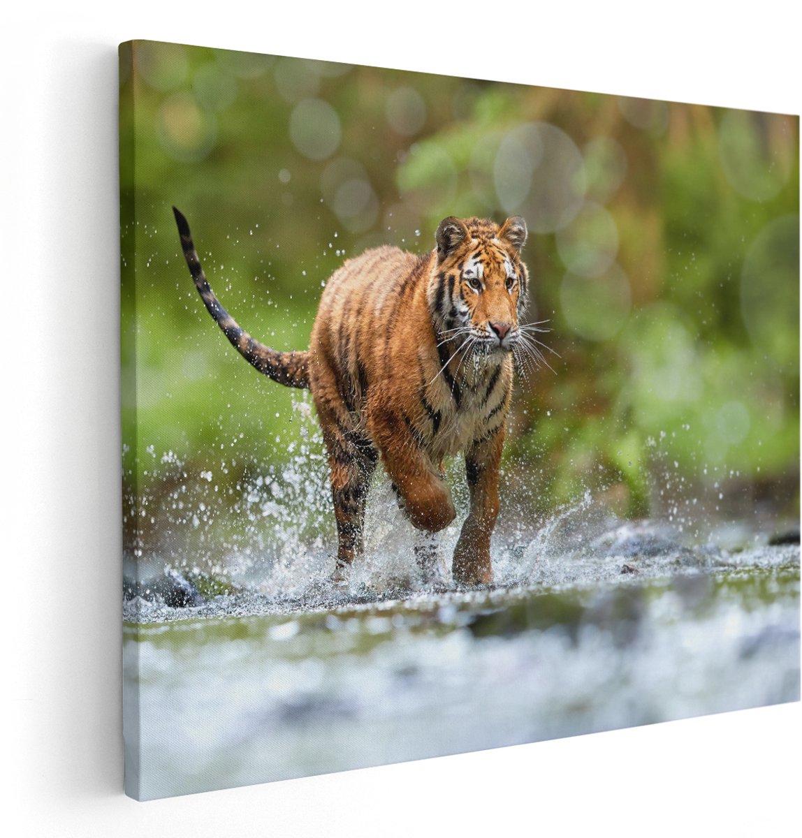 Artaza Canvas Schilderij Tijger Loopt In Het Water - 150x120 cm - Groot - Wanddecoratie Woonkamer - Schilderijen - Muurdecoratie