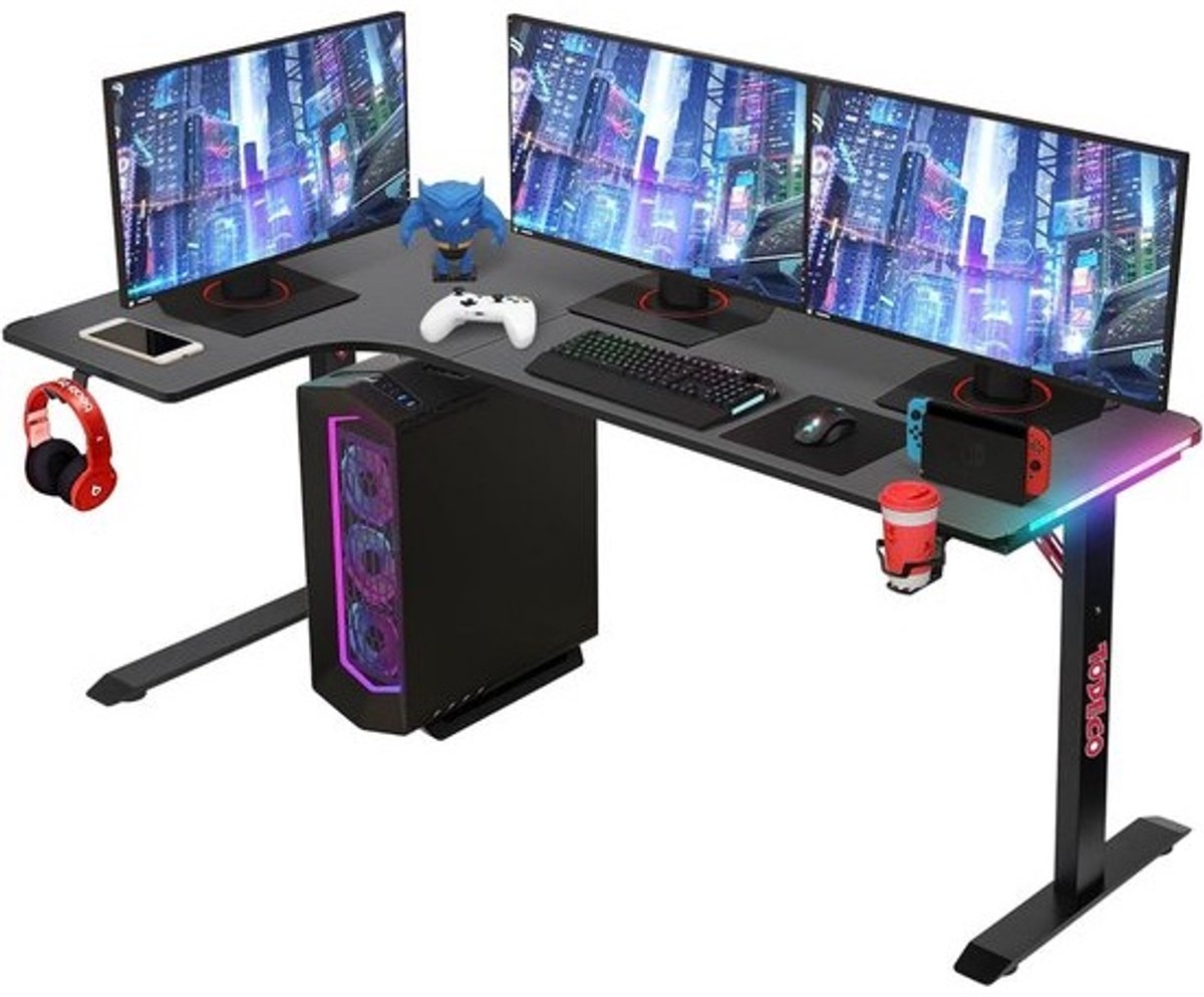 L-vormig Gaming Bureau Hoekbureau met LED Verlichting en Kabelmanagement 160x100 cm