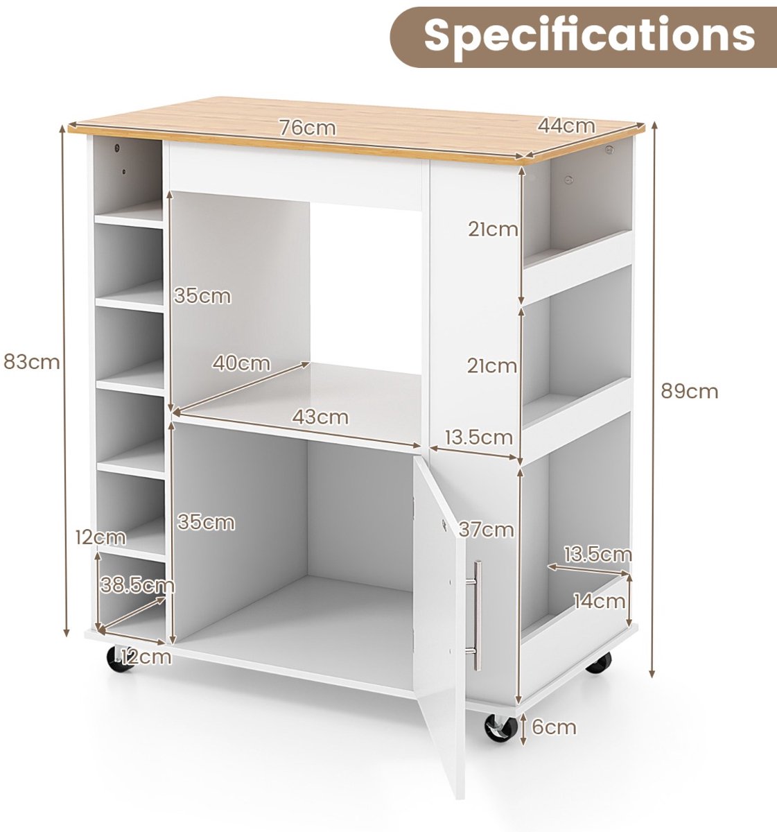 SureDeal® - Keukentrolley - Rollende - Handdoekenrek - Opbergruimte Bamboe Aanrecht - Keuken Eetkamer Wit - 76x44x89 cm - Wit