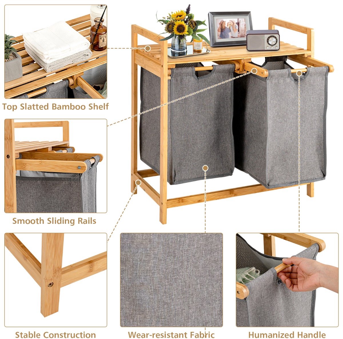SureDeal® - Wasmand - Bamboe - Twee Compartimenten Sectie - Afneembare Glijdende Zakken - Bovenste Plank - 64x33x73 cm - Naturel