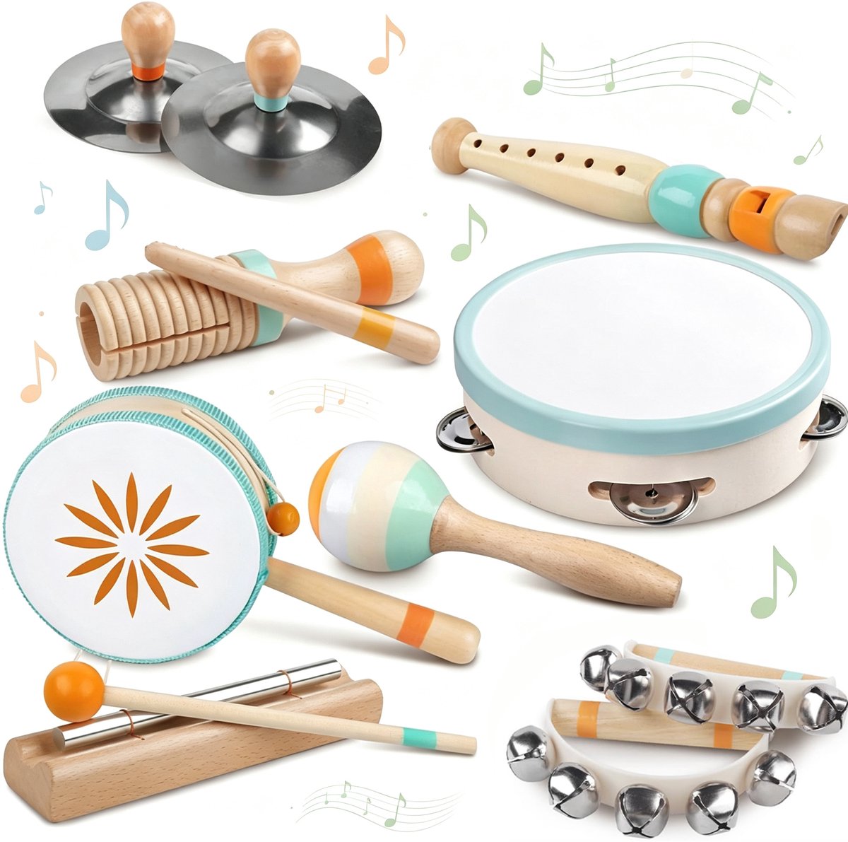 Muziekinstrumenten baby speelgoed - Montessori houten speelgoed voor peuters van 1-3 jaar - Muziek speelgoed met fluit, handtrommel en bellen - Educatief speelgoed voor kinderen, jongens en meisjes