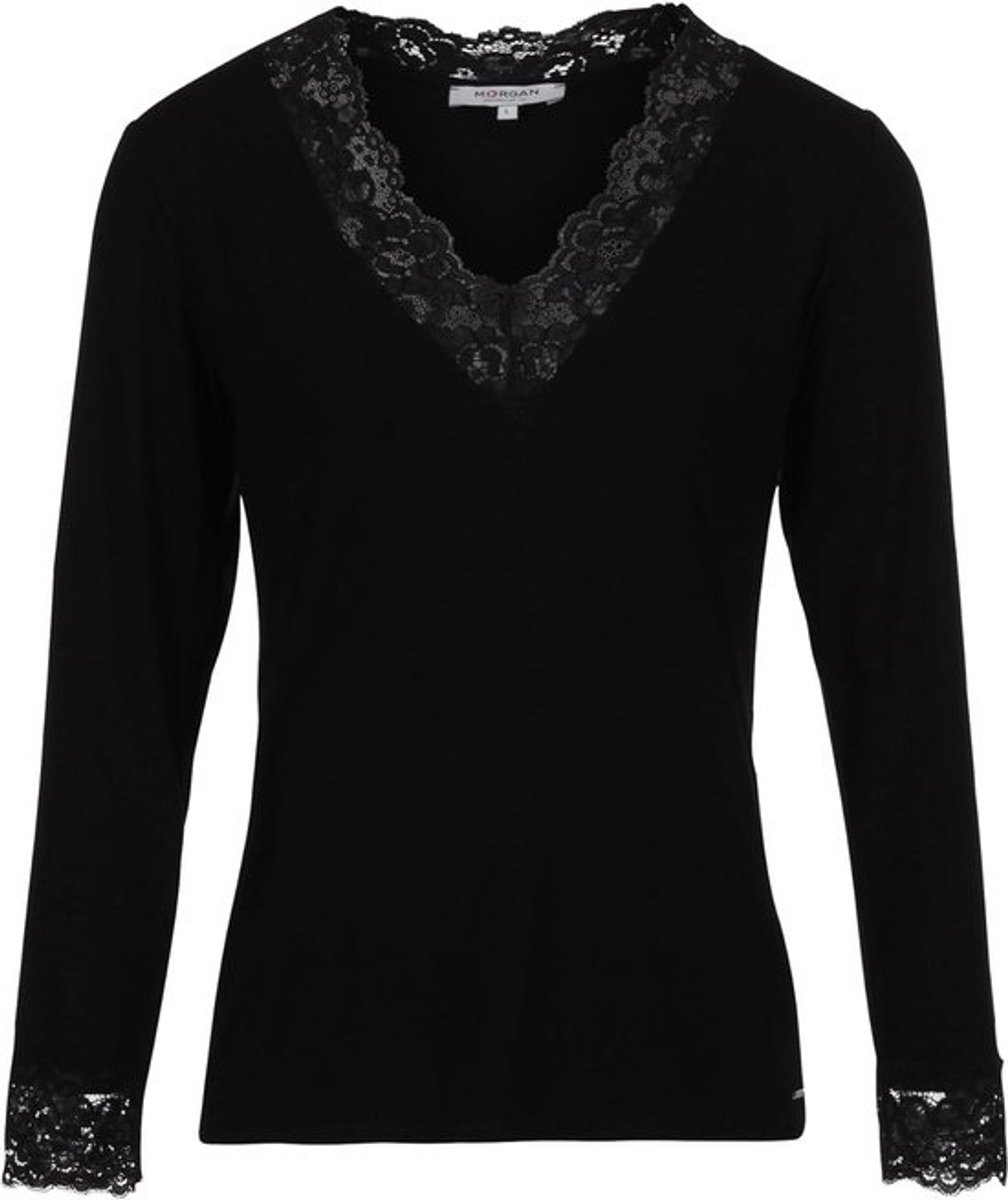Dames T-shirt met Lange Mouwen en Kant - Zwart