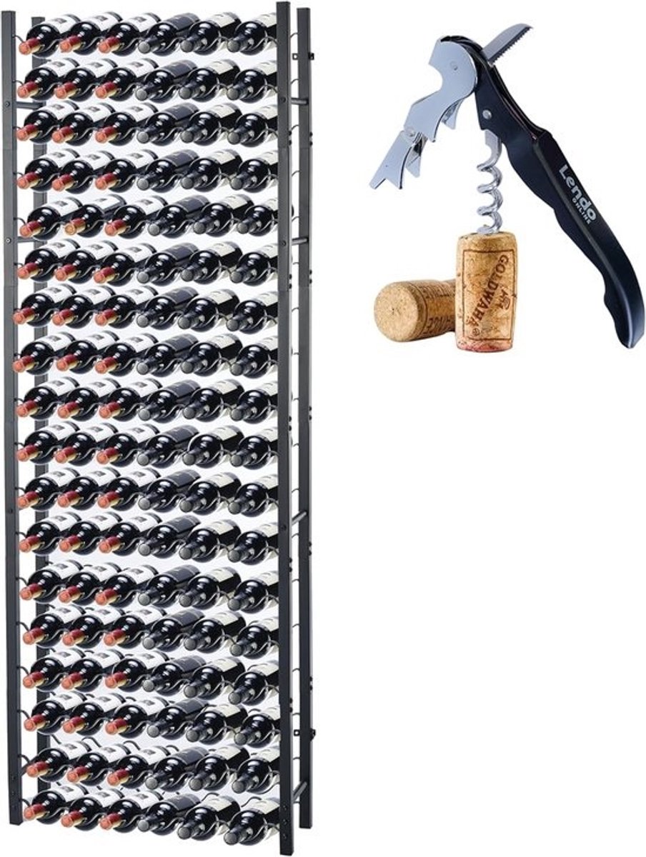Industrieel Wijnrek XXL voor 108 Flessen - Zwart Metalen Flessenhouder met Kurkentrekker