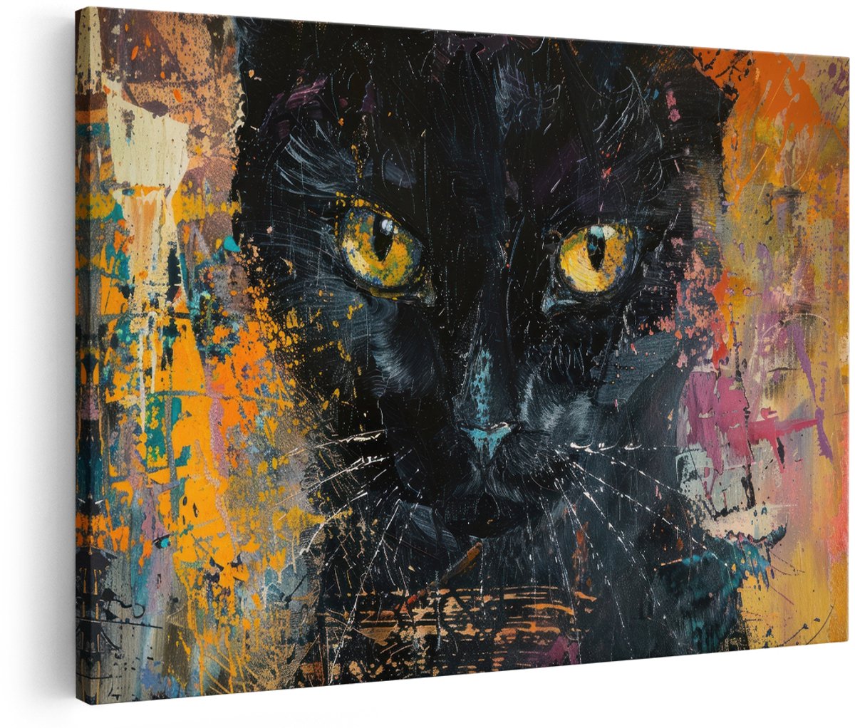 Artaza Canvas Schilderij Zwarte Kat - 150x100 cm - Groot - Wanddecoratie Abstract - Muurdecoratie Dieren - Schilderijen Op Canvas Kleurrijk