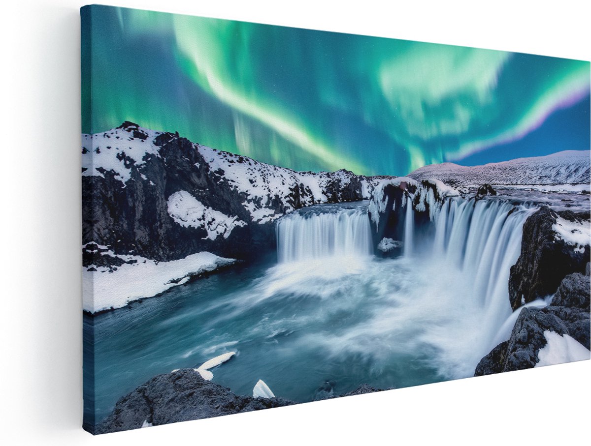 Artaza Canvas Schilderij Watervallen Met Het Groene Noorderlicht - 140x70 cm - Groot - Wanddecoratie Woonkamer - Schilderijen - Muurdecoratie