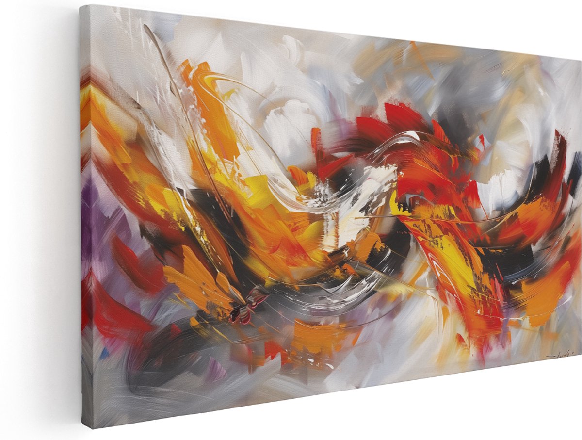 Artaza Canvas Schilderij Abstract Oranje, Gele en Zwarte Kleuren - 140x70 cm - Groot - Klein - Wanddecoratie Woonkamer - Schilderijen - Muurdecoratie
