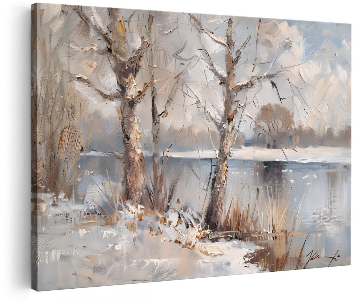 Artaza Canvas Schilderij Winterlandschap - 150x100 cm - Groot - Wanddecoratie Bomen Aan Het Water - Muurdecoratie Natuur - Schilderijen Op Canvas